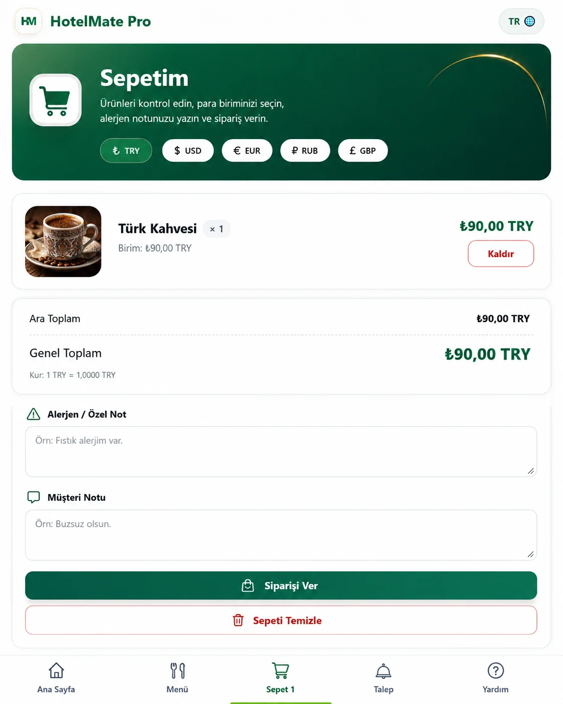 Sepet ekranı