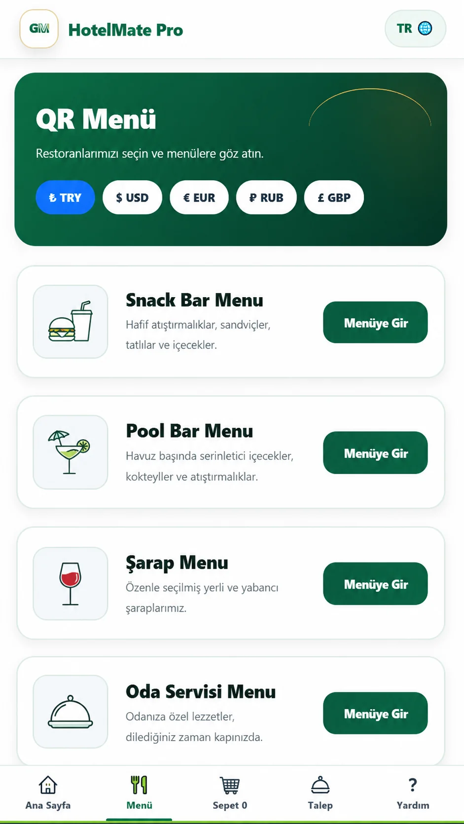 QR menü ekranı